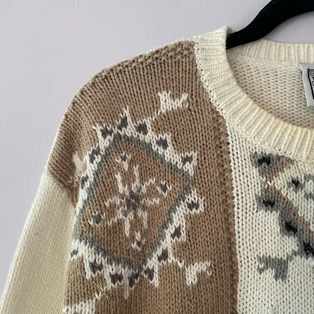 Vintage Russ Sport Grannycore White Brown Knit Chunky Crewneck Sweater Medium
